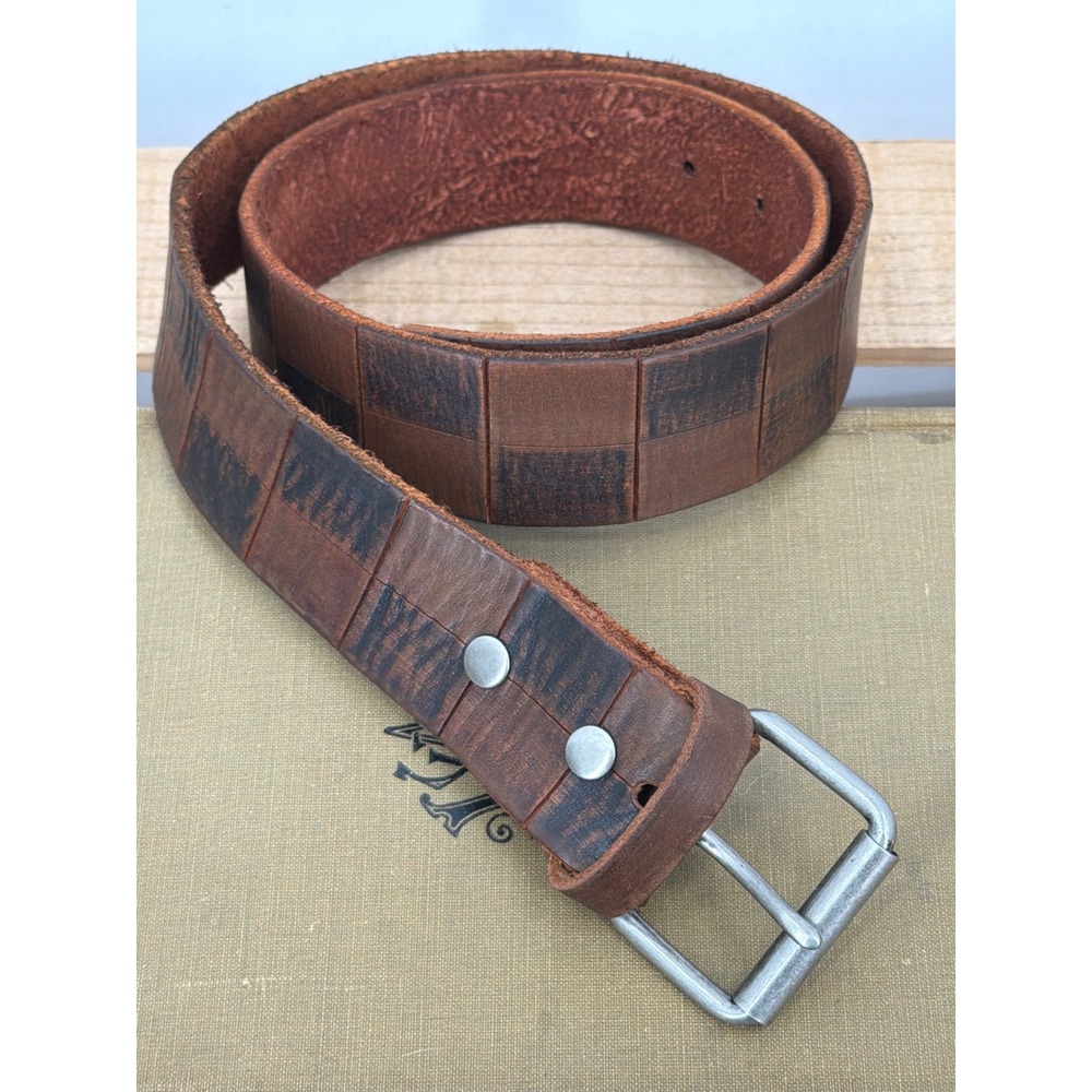 Genuine Leather Distressed Checkerboard Belt Brown Mens Size 32 P10002 Western